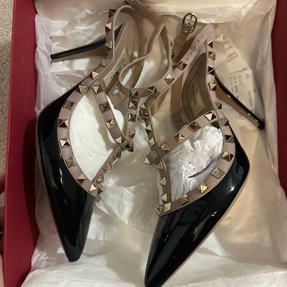 Valentino Black Patent and Nude Studded Heels